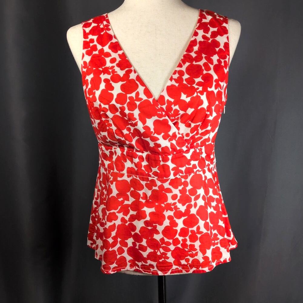 Boden Surplice Top Red White Floral Print V-Neck Sleeveless Cotton Blouse US 6
